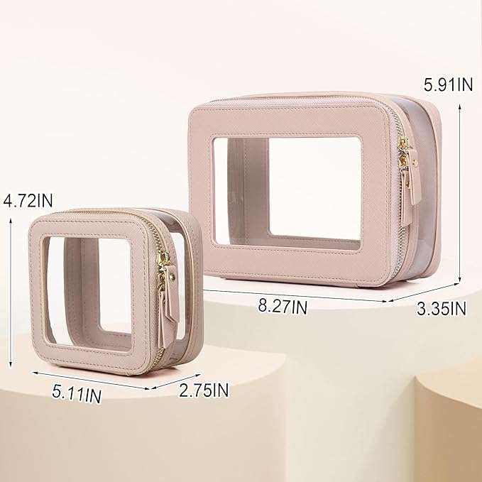 Pinkmik Clear Makeup Bag with Zipper Waterproof Travel Makeup Set for Cosmetics and Toiletries Women's Purse Organizer and Car Essentials (Pink, M+MINI-1)