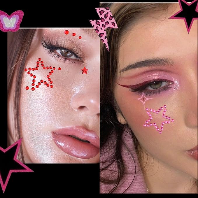 7 Sheets Self-Adhesive Face Gems Rhinestones, Sparkling Body Jewels for Eye Makeup and Skin, y2k Festival Star Stickers for Women Girls with Black Tweezers