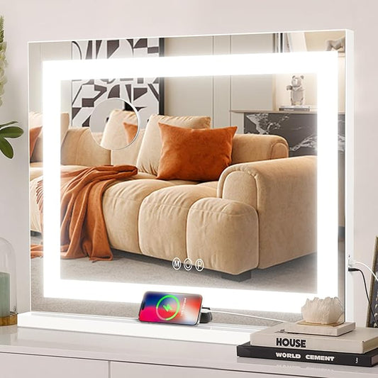 COOLJEEN Vanity Mirror with Lights, 23" x 18" LED Makeup Mirror, Lighted Makeup Mirror with 3 Color Modes, Detachable 10x Magnification and USB Charging, Tabletop & Wall-Mounted