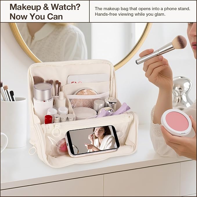 Abiudeng Standing Travel Makeup Bag Stand up Make up Bag Travel Toiletry Bag with Multiple Compartments Large Capacity for Women Business Trips Fitness and Daily Commutes (White)