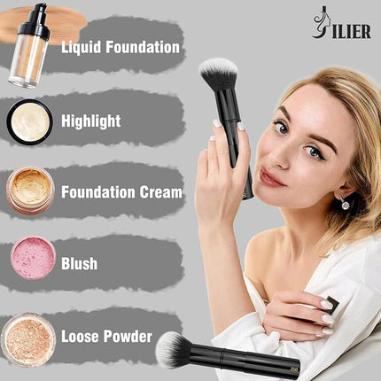 JILIER Retractable Kabuki Makeup Brushes 2 Pcs, kabuki Brush for Powder Foundation, Blush, Bronzer, Buffing, Liquid, Cream, make up brushes for women with Cover