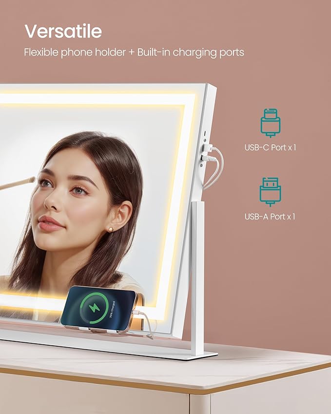SONGMICS Vanity Makeup Mirror with Lights, Touch Control, Angle-Adjustable, Charging Ports, Detachable 10X Magnifying Mirror, 3 Color Temperatures, Dimmable, Phone Holder, Matte White ULWM002W01V1