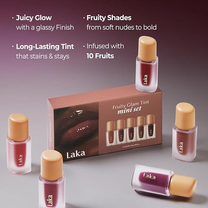 Laka Fruity Glam Tint Mini Set, 5pc Lip Tint Gift Set for Women, Valentine's Day Gifts, Hydrating & Glowy Finish, Lightweight & Transfer-proof Stain, K-Beauty