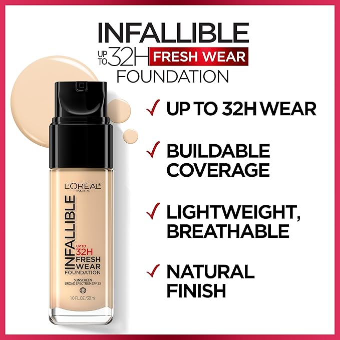 L'Oreal Paris Makeup Infallible Up to 32 Hour Fresh Wear Lightweight Foundation, 545 Ebony, 1 Fl Oz, Packaging May Vary