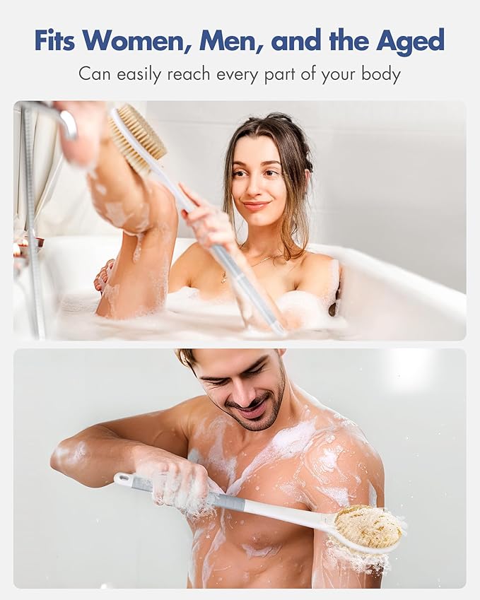 Back Scrubber Body Shower Brush: Anti Slip Long Handle Bath Brush with Stiff and Soft Bristles - Showering Exfoliator Wet or Dry Brushing for Women, Men, Elderly (Grey)