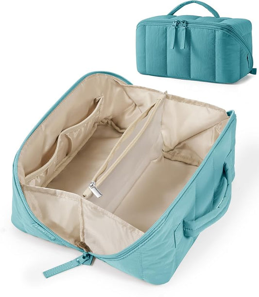 BAGSMART Travel Makeup Bag for Women, Portable Water-resistant Cosmetic Case, Puffy Padded Make Up Organizer Pouch, Open Flat Toiletry Bag for Toiletries, Brushes, Green