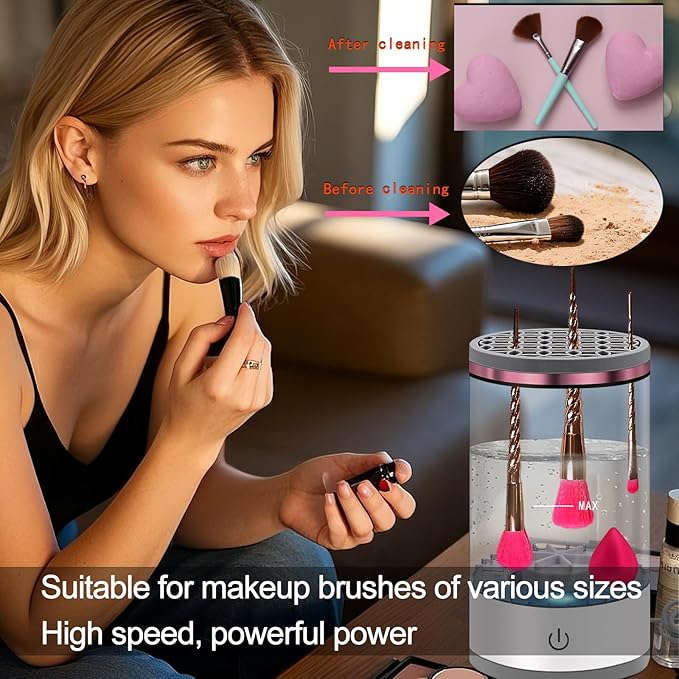 Electric Makeup Brush Cleaner Machine: Portable Face Beauty Brushes Cleaning Blender with Silicone Holder, Facial Care Tool Washer, Sponge Washing Device, Girls Travel Cosmetic Organizer (White)