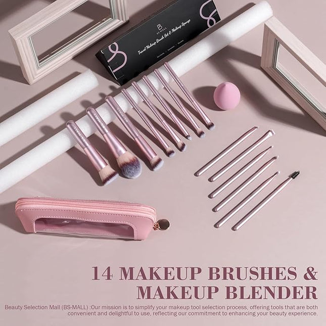 BS-MALL 14 Pcs Makeup Brushes Set with 1 Pcs Makeup Sponge – Essential Foundation Powder Concealers, Eye Shadows, Blush Makeup Brushes with Travel Makeup Case (Matte Gold Pink)