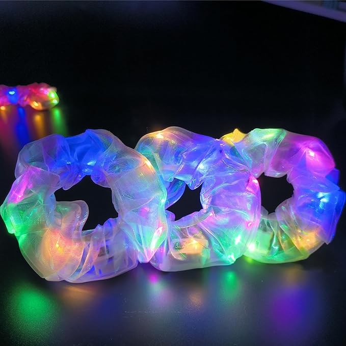 4Pcs Light Up Scrunchies Halloween Hair Tie, LED Neon Hair Accessories for Women & Girls, Glow in the Dark Party Supplies Sleepover Party Favor Rave Accessory