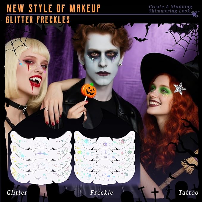 8pcs Holographic Silver Halloween Glitter Freckles Face Tattoo, Waterproof Long Lasting Multicolor Speckles Patches for Women Kids, Cute Temporary Tattoo Makeup Accessories for Festival Rave