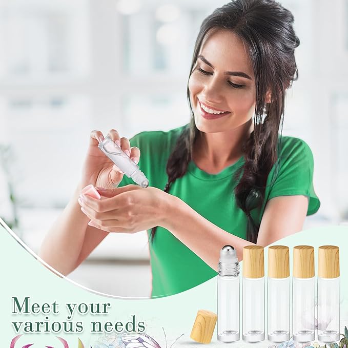Sumind 150 Pcs Essential Oil Roller Bottles 10 ml Glass Empty Roll on Bottles with Stainless Steel Balls Leak Proof with 5 Funnel for Travel Essential Oil(Clear, Wood)