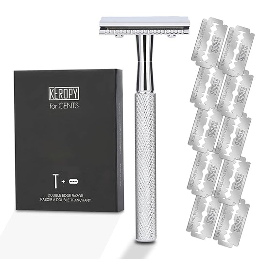 Double Edge Safety Razor With 10 Premium Stainless Steel Reusable Single Blade Razors For Men and Women, Smooth Wet Shave Experience, Glossy Silver