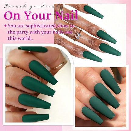 LoveOurHome 100pc Coffin Press on Nails Long Fake Nails Matte Full Cover False Nails Press ons Artificial Nail Medium Ballerina Fake Fingernail Green Presson on Nail Tips for Women Kids Girls