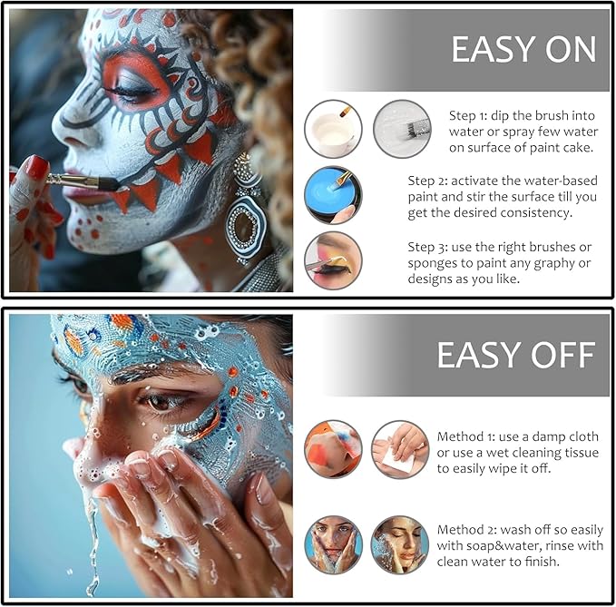 Black + White + Red Face Body Paint, Water-Based Face Painting Kit Professional, Large Capacity SFX Makeup Set with brush & Powder puff, Sponge for Halloween Makeup Clown, Cosplay, Stage
