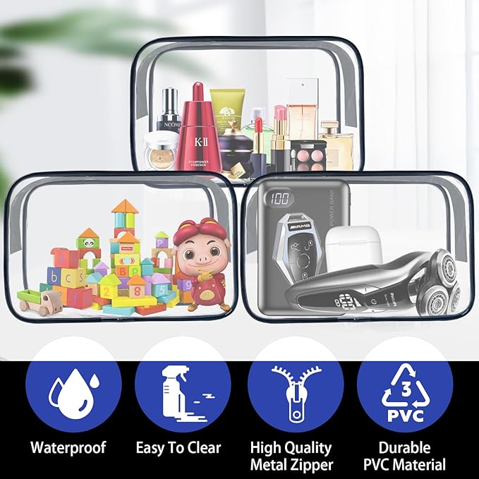 16 Pack Waterproof Cosmetic Bag TSA Approved Toiletry Bag, Portable Travel Pouch with Zipper, Vinyl Plastic Organizer Storage for Men and Women (Black-L)