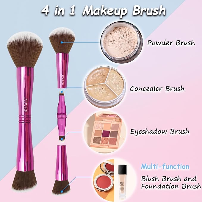 Jilier 4 in 1 Makeup Brush Set, Travel Makeup Brushes with Case, Foundation/Blush Brush, Eyeshadow Powder Brush, Concealer Brush, Double Ended Makeup Brush Ideal for Liquid, Cream, Powder, Concealer