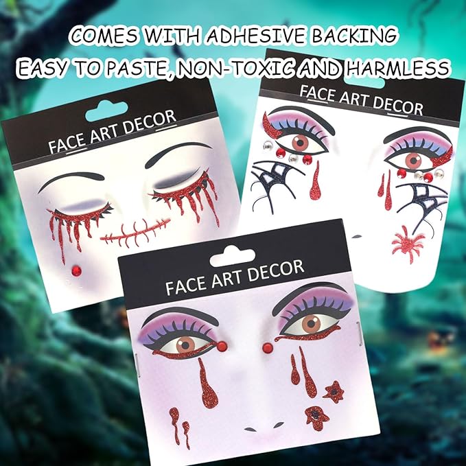 3 Pcs Halloween Face Stickers for Women, Day of the Dead Rhinestone Face Jewels Terrible Bloodstain and Spider Webs Face Gems Jewels,Glitter Face Tattoo Stickers for Halloween Rave Party Cosplay