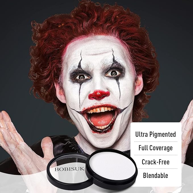 BOBISUKA Clown White Face Body Paint, Water-Based Face Painting Kit & Body Paints, Kids Adults Facepaint for Halloween Goth Skeleton Mime Ghost SFX Makeup, Costume Cosplay Party Art Theater & Stage