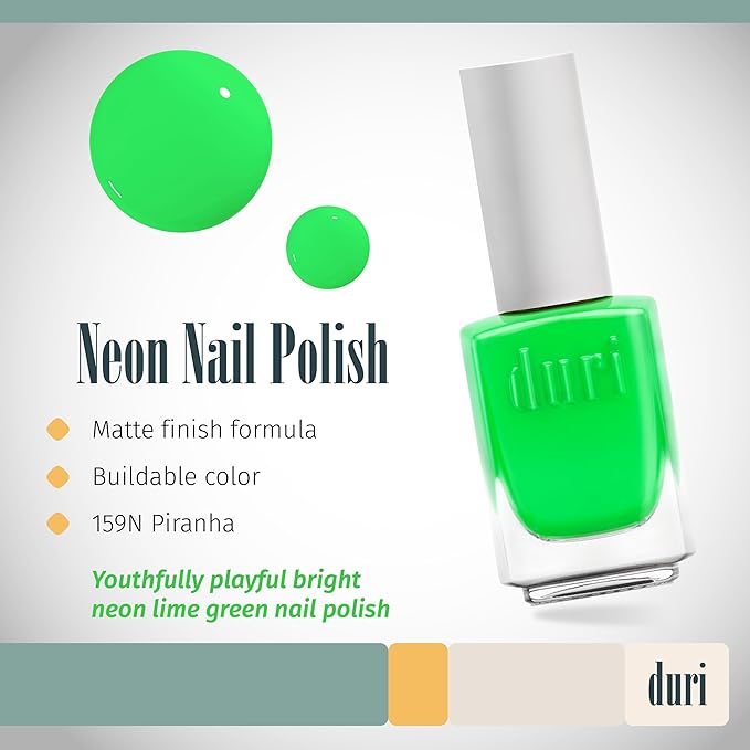 duri 159N Piranha - Neon Lime Green Nail Polish, Matte Finish, Quick Drying, 0.45 Fl Oz