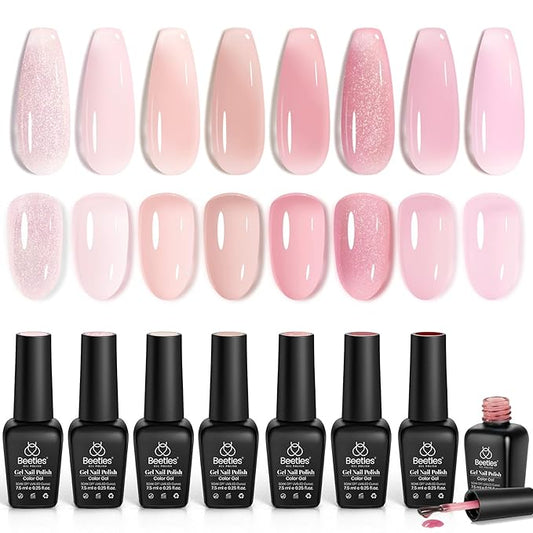 Beetles Pink Gel Nail Polish Set, 8 Colors Nude Pink Jelly Gel Polish Shimmer Glitter Sheer Transparent Effect Classic Neutral Nail Polish Soak Off UV French Nail Art Manicure Salon Gift for Women