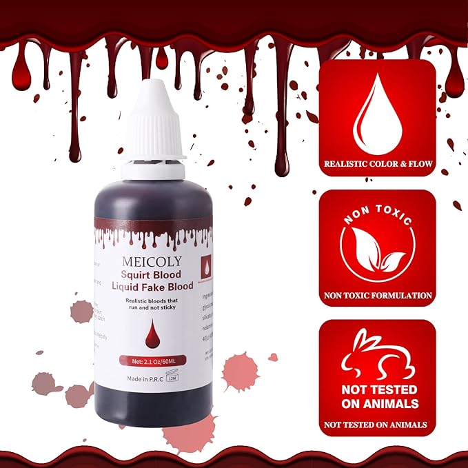 MEICOLY 2.1Oz Halloween Dripping Fake Blood,Safe Realistic Washable Edible Liquid Blood Sangre Falsa with 0.7 Oz Cleaning Soap,Squirt Blood for Clothes,Zombie Vampire Monster,SFX Cut Wound Makeup,Dark