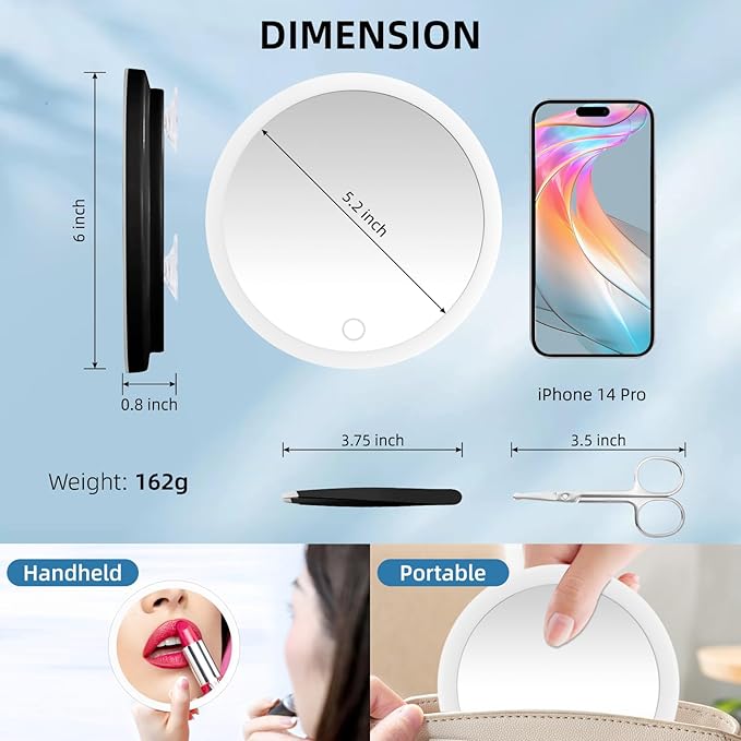 10x Lighted Magnifying Mirror with Suction Cups, Large 6'' Magnified Mirror with Light High Magnification Travel Makeup Mirror, Rechargeable Battery, 3 Colors Dimming Light, with Tweezers &Scissors