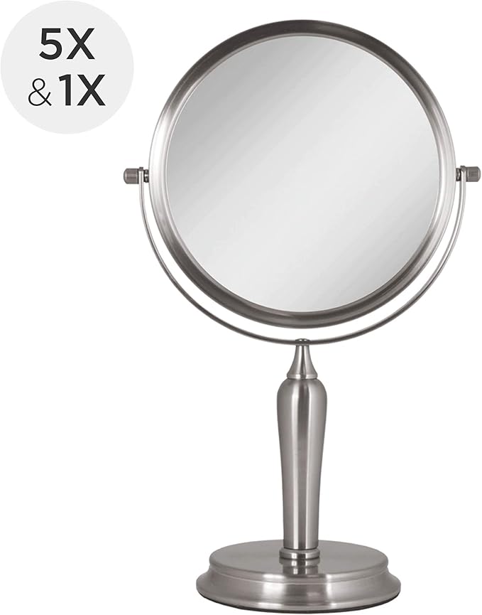 Zadro Anaheim 8.75” Round Non-Lighted Makeup Mirror 5X 1X Magnifying Makeup Mirrors Rotating Head Makeup Mirror for Desk
