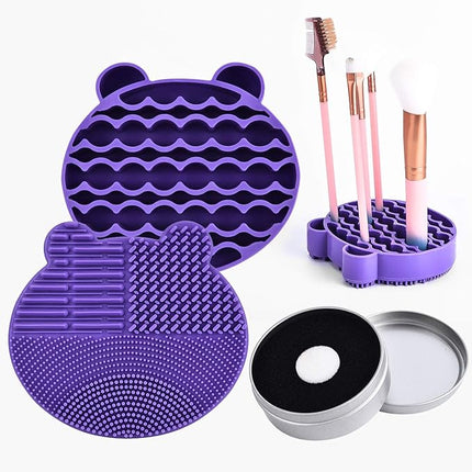 Silicon Makeup Brush Cleaner Mat with Brush Drying manual Make up brush cleaner cleanser machine Cosmetic Brush Cleaning Pad+Makeup Brush Dry Cleaned Quick Color Removal Sponge Scrubber Tool(Purple)