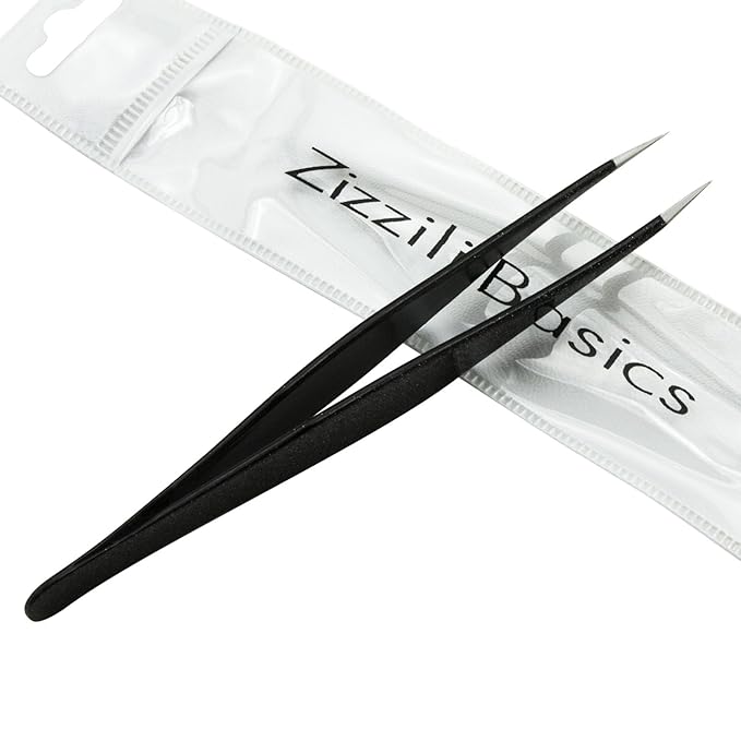 Ingrown Hair Tweezers by Zizzili Basics - Surgical Grade Stainless Steel Fine Pointed Tweezers - Precision Aligned Tips for Splinter, Eyebrow & Facial Hair Removal - with Bonus Tip Guard & Carry Pouch