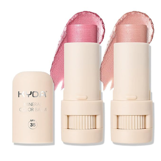 KYDA 2 Colors Mineral Color Balm, SPF 35, Buildable Shimmer Color for Lip and Cheek, Natural Shimmer Cream Blush Stick, Lightweight Blendable, Multiuse Makeup Balm, PINK+BLUSH