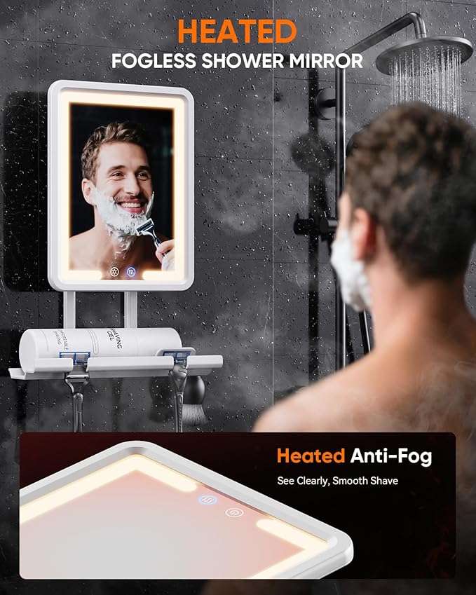 Heated Shower Mirror Fogless for Shaving 2025 New, 3 Colors Stepless Dimmable Lights Anti Fog Shower Mirror, Fog Free Mirror for Shaving with Razor Holder for Men, NO-Drilling, Removable - White