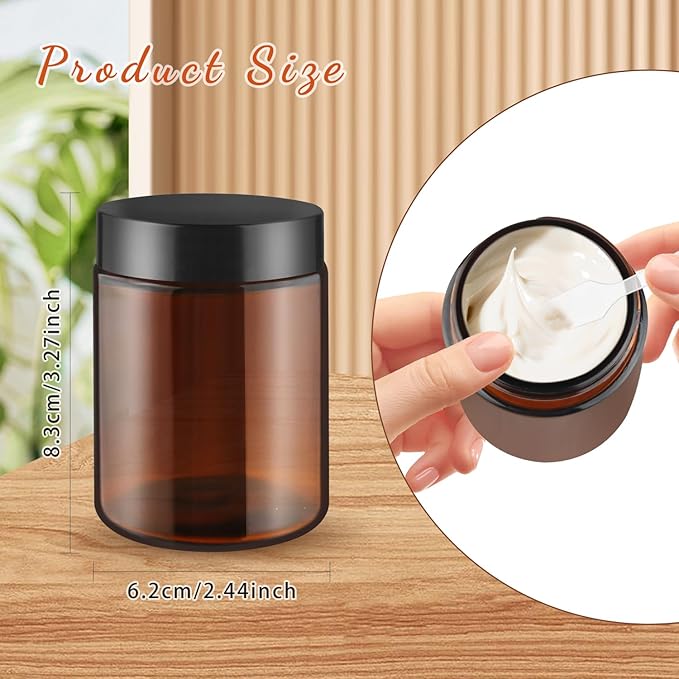 8 Pcs Amber Glass Cream Jar Refillable Empty Cosmetic Storage Bottle Sample Container Pot with Black Lids for Make Up Lotion Face Cream - 150ml/5oz
