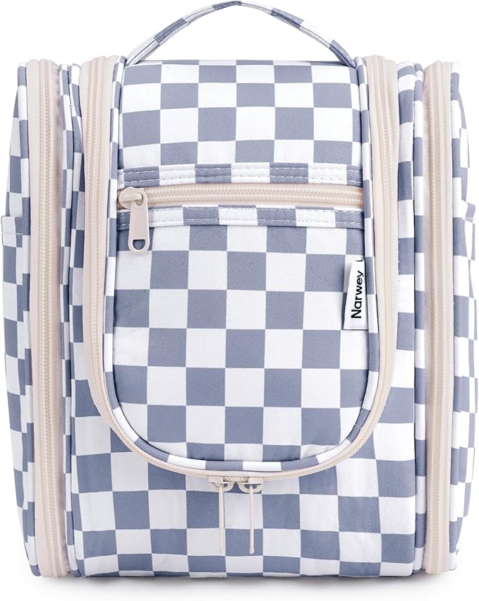 Narwey Small Checkered Hanging Travel Toiletry Bag for Women, Travel Bag for Toiletries, Makeup Bag Organizer Cosmetic Bags Make Up Bags for Women (Grayish Blue Checkerboard)