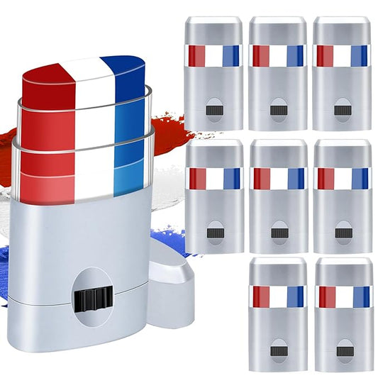 8pcs Red White and Blue Face Paint Stick, Long Lasting Patriotic Body Painting Baseball Eye Black America USA Flag Makeup Stick 4th of July Accessories for Kids Women Men Sports Party Independence Day
