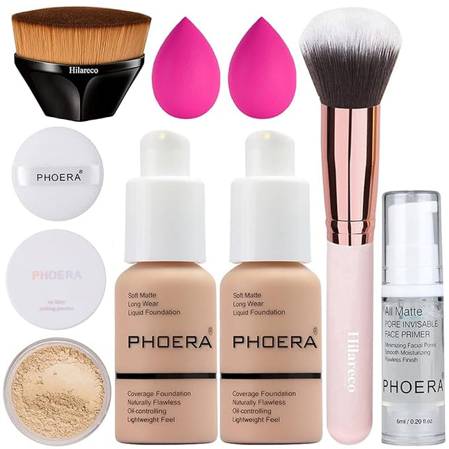 PHOERA Full Coverage Foundation, Kabuki Makeup Brushes, 2 Pcs Makeup Sponge (Warm Peach)