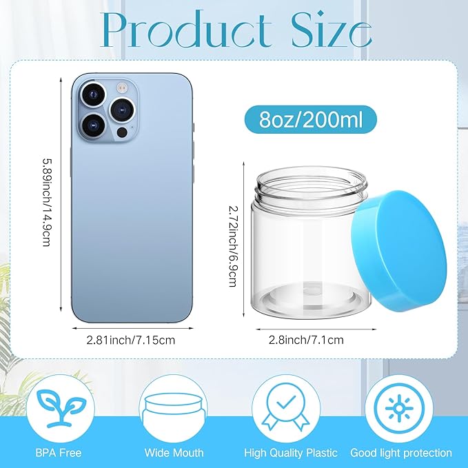 SATINIOR 100 Pcs Plastic Jars with Lids Small Containers Lids Wide Mouth Small Plastic Containers for Lotion Cream Rhinestones Body Butters Travel Storage(8 oz, Blue)