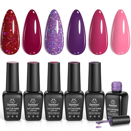 Beetles Gel Nail Polish, 6 Colors Peach Pink Purple Burgundy Red Glitter Gel Polish Ruby Sonatas Collection, Soak Off Uv Lamp Cured Nail Art Design Fall Nails for Women DIY Manicure