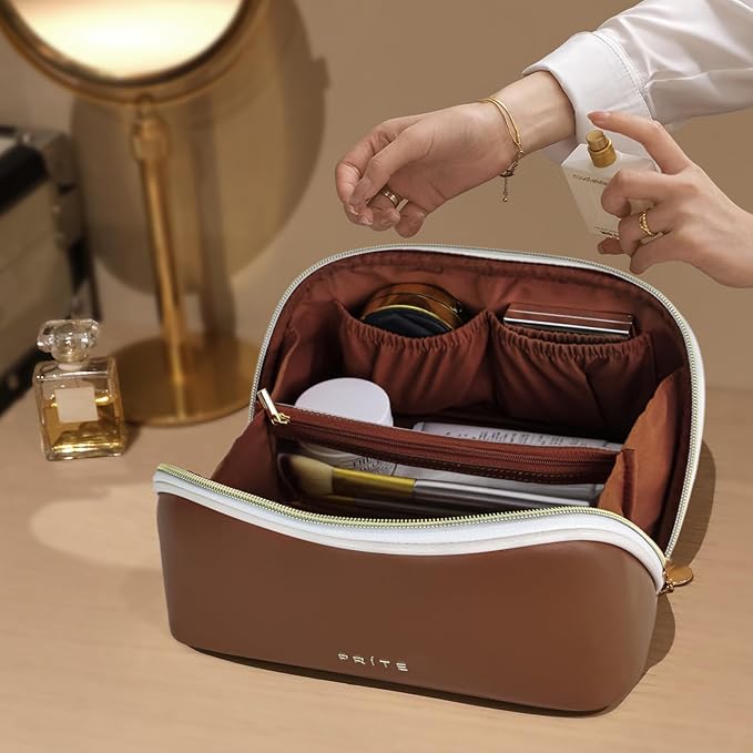 Prite Travel Cosmetic Bag Makeup Organizer Bag For Women Large Capacity Waterproof PU Leather Toiletry Bag with Handle and Clear Divider(Dark Brown)