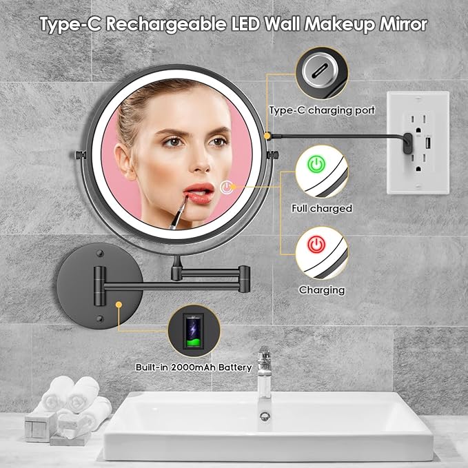 Rocollos 9" Wall Mounted Lighted Makeup Mirror, Large Double Sided 1X/10X Magnifying Mirror, 3 Color LED Vanity Mirror, Touch Dimmable 360° Swivel Light Up for Bathroom