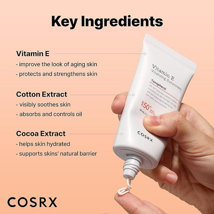 COSRX Vitamin E Vitalizing Face Sunscreen SPF 50, 1.69 fl oz, SPF Moisturizer, Lightweight under Makeup, Travel Essentials, Summer Essentials, Korean Skin Care, Korean Sunscreen for Face