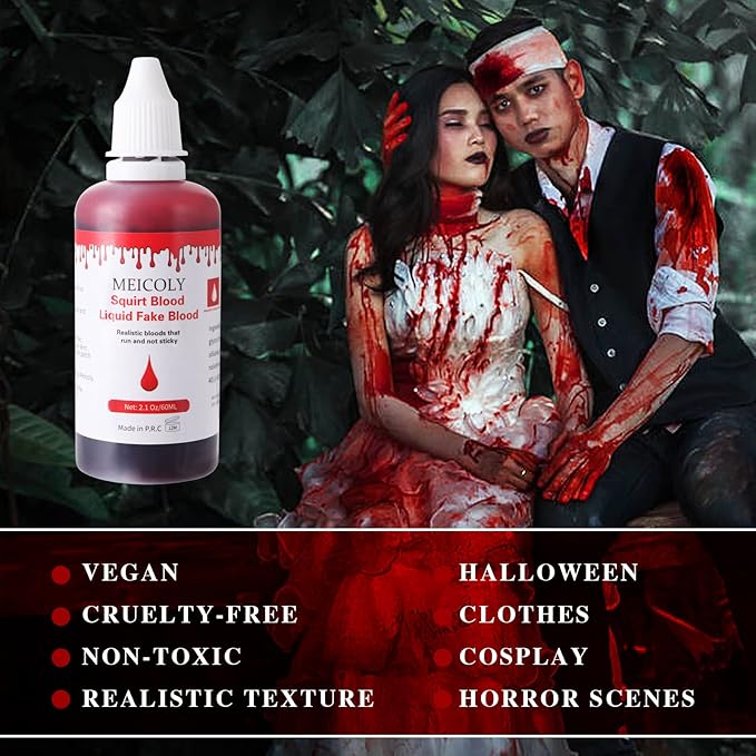MEICOLY 2.1oz Halloween Fake Blood Makeup- Realistic Sangre Falsa Washable Edible Liquid with 0.7oz Cleaning Soap - Squirt Blood for Clothes,Zombie Vampire Monster,SFX Cut Flesh Wound Makeup - Bright