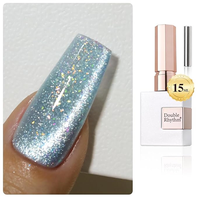 Double Rhythm 0.5 OZ Cat Eye Gel Polish with Magnet 15ML Holographic Glitter Shimmer Translucent Jelly Color Magnetic Gel Polish Salon DIY at Home (Rainbow Blue-MC1009)