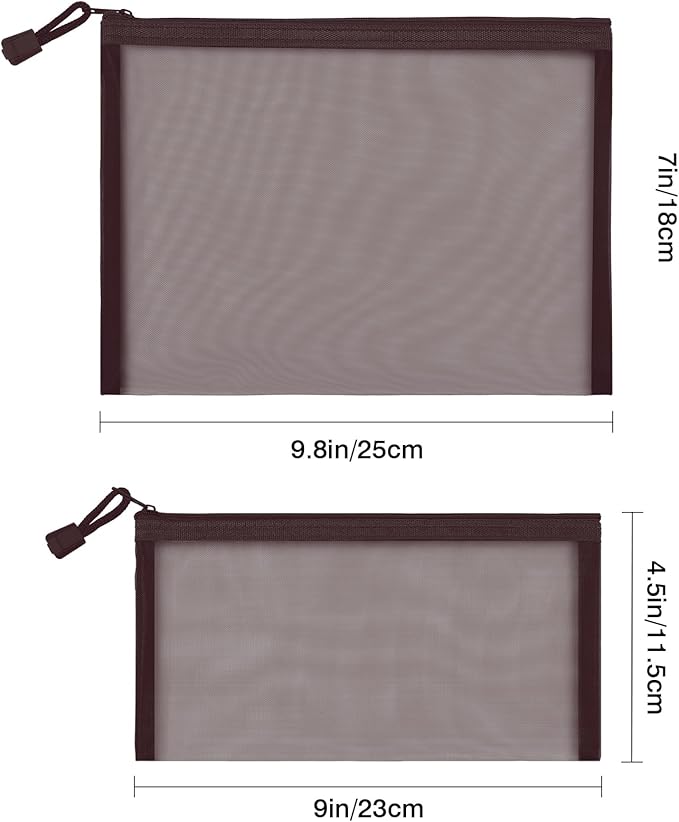 12 Pieces Zipper Nylon Mesh Pouch, Mesh Cosmetic Bags Makeup Bags Pencil Case, Multipurpose Travel Bags for Cosmetic School Office Supplies and Travel Accessories (Coffee, A5)