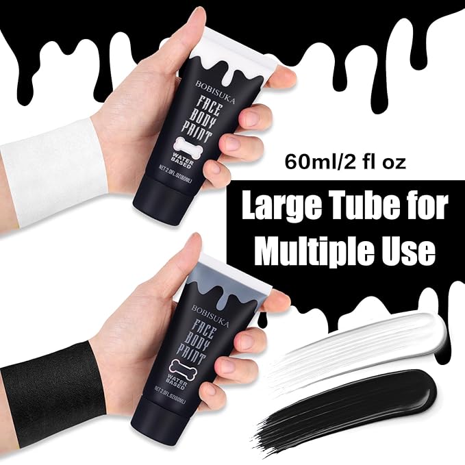 BOBISUKA Black and White Face Body Paint Kit, Water Based Face Painting for Halloween Clown Skeleton Joker Zombie Mime Sugar Skull Makeup for Women Adults, Non-Toxic Washable