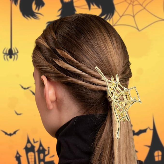 3 Pcs Halloween Claw Clips for Women, Gothic Hair Claws Metal Spider Big Jaw Clamps Hair Accessories for thick Hair Styling Tool Holiday Gifts(Golden)