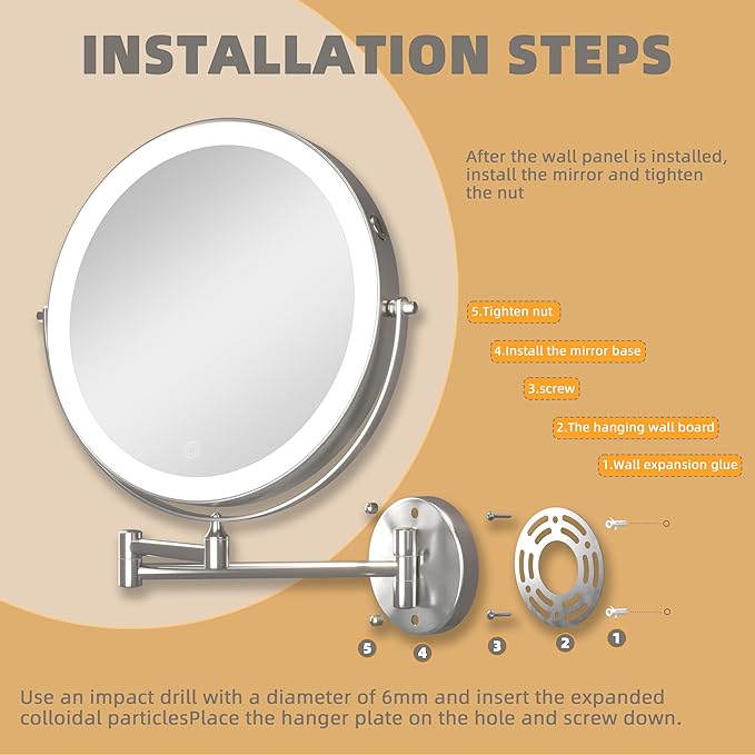 10" Wall Mounted Makeup Mirror with Light, 3000mAh Rechargeable Double Sided 1X / 7X Magnifying Vanity Mirror, 3 Color Lights Touch Dimmable 360° Rotation Bathroom Mirror, Chrome