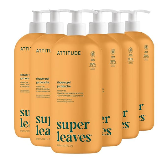 ATTITUDE Body Wash, EWG Verified Shower Gel, Dermatologically Tested, Plant and Mineral-Based, Vegan Personal Care Products, Orange Leaves, 32 Fl Oz (Pack of 6)