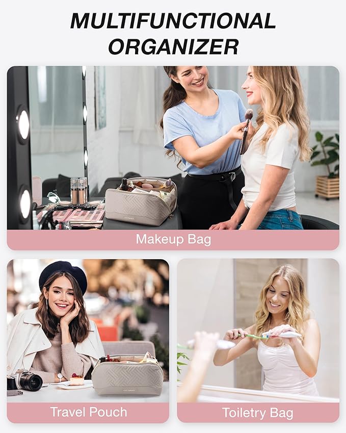 BAGSMART Makeup Bag Cosmetic Bag, Travel Makeup Bag,Water-resistent Makeup Bags for Women Portable Pouch Open Flat Make Up Organizer Bag for Toiletries, Brushes, Tranquil Gray