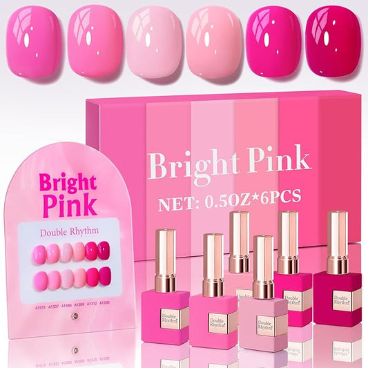 Double Rhythm 6 Pcs 15 ML Gel Polish Set Same Color Same Bottle Soak Off Gel Polish Kit Nail Art Manicure Salon DIY at Home for Women (Bright Neon Light Pink Purple-T6-13)