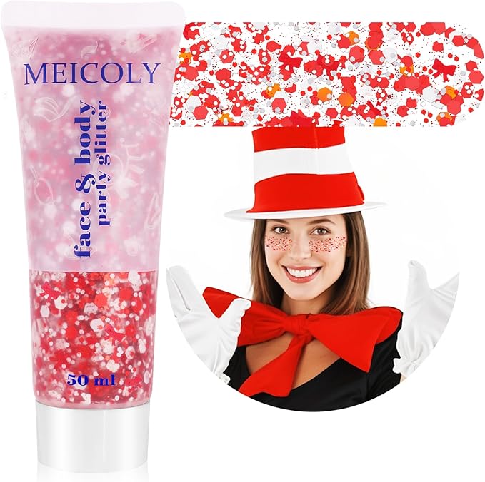 MEICOLY Red and White Face Body Glitter for Reading Week World Book Day,Cat Costume for Kids Girls Adults,Book Character Costumes for Kids,Cosplay Accessories for Halloween Festival